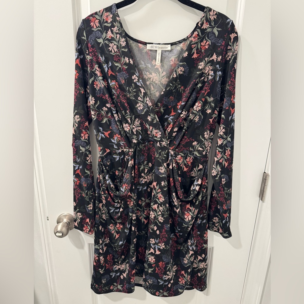 BCBGeneration Floral Long Sleeve Dress - Black and Pink